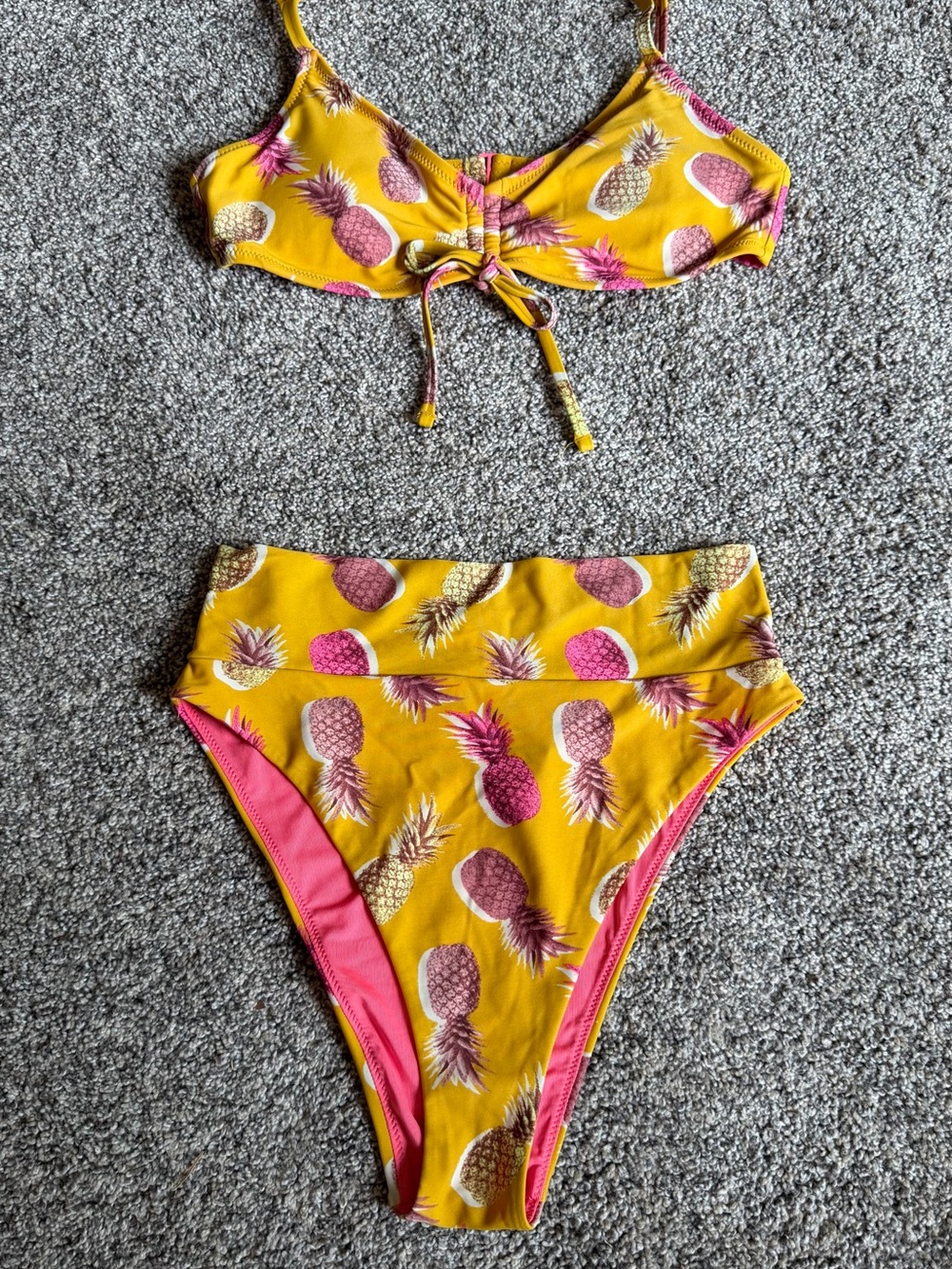 Aerie Yellow Pineapple Print Scoop Bikini Top and High Cut Cheeky Bottoms Size S - Picture 11 of 11